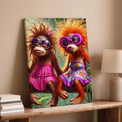 Cute Monkeys In Sunglasses Wearing Dresses Canvas Art For Kids Room Decor Print