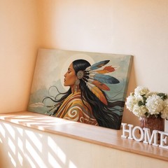 Native American Woman Profile Feather Headdress Modern Canvas Wall Art Print