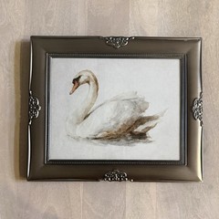 Vintage-Style Watercolor Art Print White Mute Swan 🦢 Framed Metallic Silver