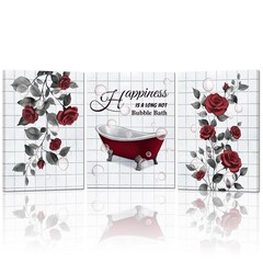 Red Bathroom Wall Art Burgundy Grey Bathtub and Rose Paintings Pictures Canva…