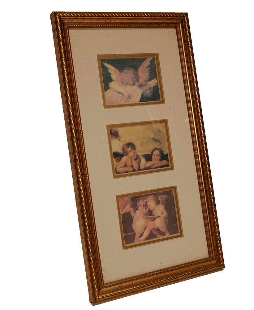 Vintage Wall Art Reproductions of 3 Cherub Images, Raphael Angels, in Gold Frame