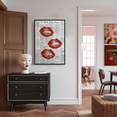Black White Newspaper Canvas Wall Art, Fashion Red Kiss Lips Aesthetic Poster…