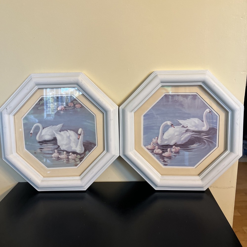Vtg Homco Swan Pictures-Set of 2 – Hexagon Painted Frames Cottagecore ~READ~