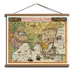 Ancient Old Antique 1593 Map of Asia; 100% Cotton Canvas, Magnetic Wooden Hanger