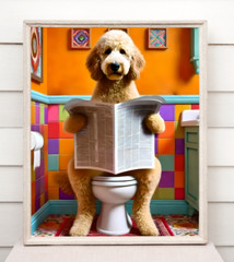 Goldendoodle Chef Bathroom Art – Funny Dog on Toilet Print, Retro Wall Decor