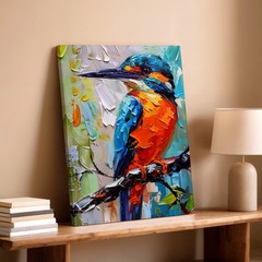 Wall Art Colorful Kingfisher Bird Canvas Painting Textured Palette Knife Decor
