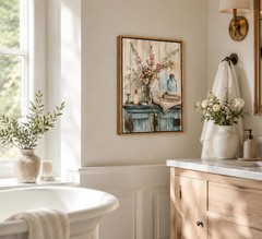 Framed Blue Rustic Farmhouse Bathroom Canvas Wall Art Vintage Blue Wood Cabinet