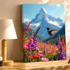 Wall Art Hummingbird in Wildflower Meadow Mountain Landscape Floral Print Decor