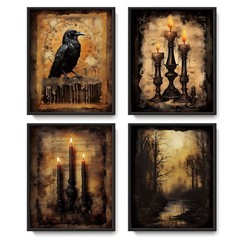 Vintage Gothic Dark Crow Wall Art Decor Posters, Halloween Gothic Witchy Rave…