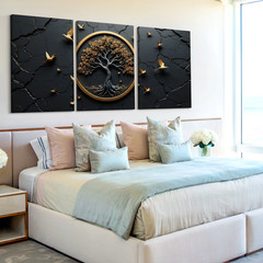 3 Pieces Golden Tree Birds Modern Gold Large Wall Art Set for Living Set Of 3