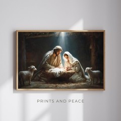 The Birth of Christ Nativity Scene Canvas, Mary Joseph and Baby Jesus Art