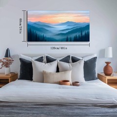 selatala Sunset Misty Forest Large Wall Art for Living Room 24″X48″, Blue Nat…