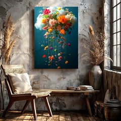 Wall Art Floating Cloud Floral Bouquet Print Colorful Dreamy Botanical Decor