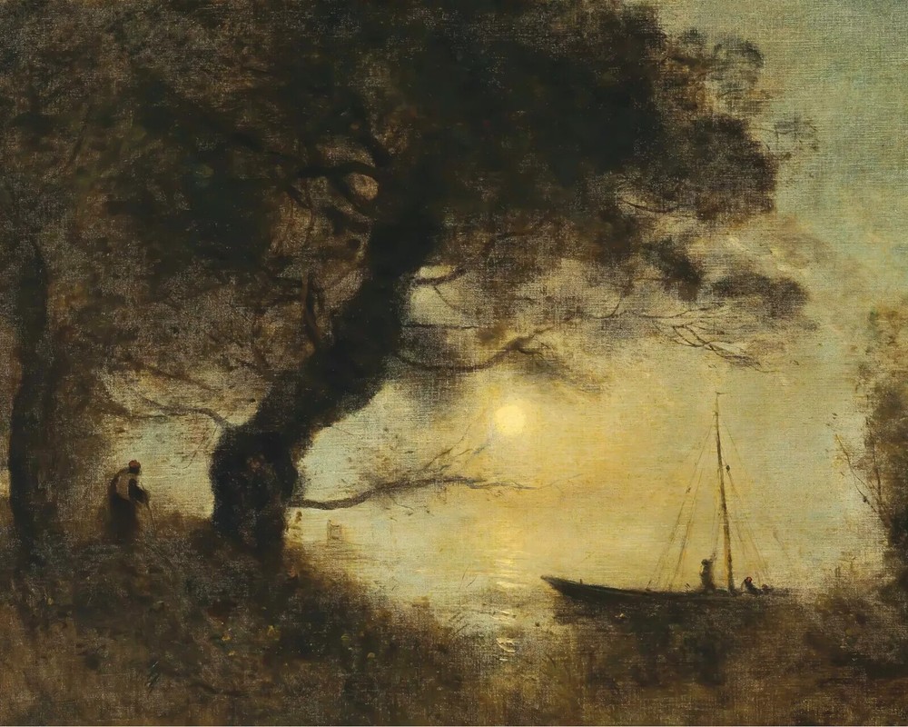 Moonlit Landscape Canvas Painting Boat Scene Art for Home Decor