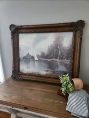 Large Vintage Syroco 3331 Ornate Frame Nautical Seascape Artwork Blue Gray Boat