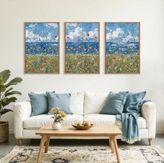 Large Blue Seaside Wildflower Framed Canvas Wall Art, Modern Decor 48”x24”