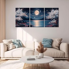 3 piezas de lienzo con diseño de flor de cerezo, luna y lago, arte pared 12 x 16