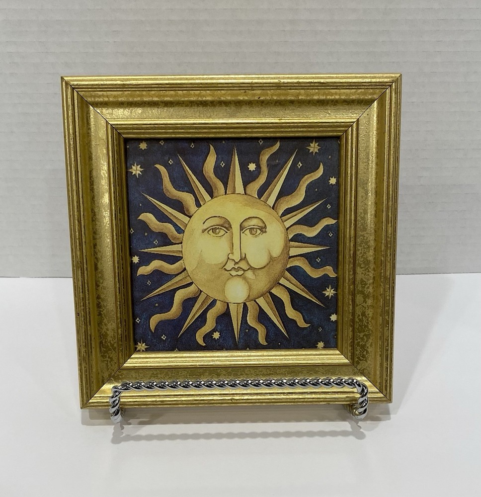 Vintage Celestial Sun Moon Stars Art Beth Zeitz Gold Frame 7″x7″ Y2K Whimsigoth