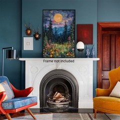 Vintage Full Moon Above The Wildflowers Canvas Wall Art, Mystical Midnight Wo…