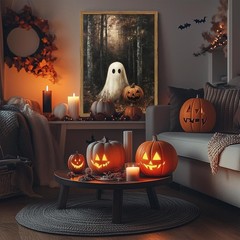 Framed Vintage Halloween Ghost Canvas Wall Art, Cute Ghost Pumpkin Wall Decor…