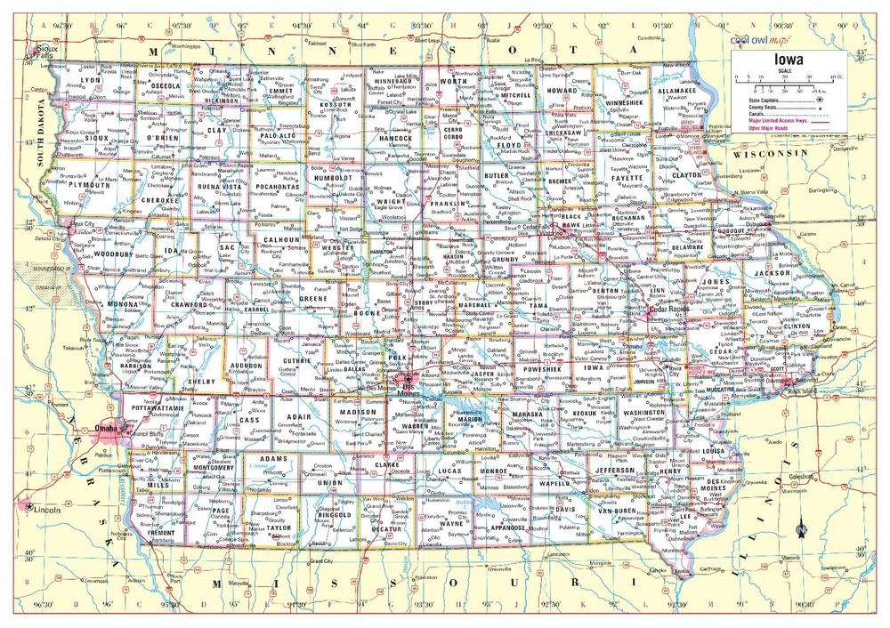 Iowa State Wall Map Large Print Poster – Laminated 34″x24″