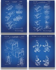 Legos Patent – A Set of Four Lego Patents Wall Art Decor Prints with blue bac…