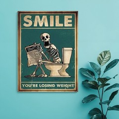 Canvas Art Skeleton On Toilet SMILE Humor Bathroom Vintage Wall Decor
