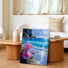 Wall Art Coastal Beach Seascape Pink Flowers Ocean Waves Cliff Canvas Print