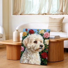 Wall Art White Dog Portrait with Roses Floral Oil Painting Style Canvas Print