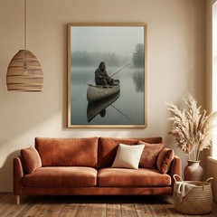 Bigfoot Fishing Lake Wall Art, Sasquatch Canoe Poster, Rustic Cabin Fishing