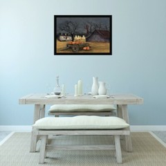 Fall Barn and White House with Pumpkins Country Art Wood Framed Picture Print