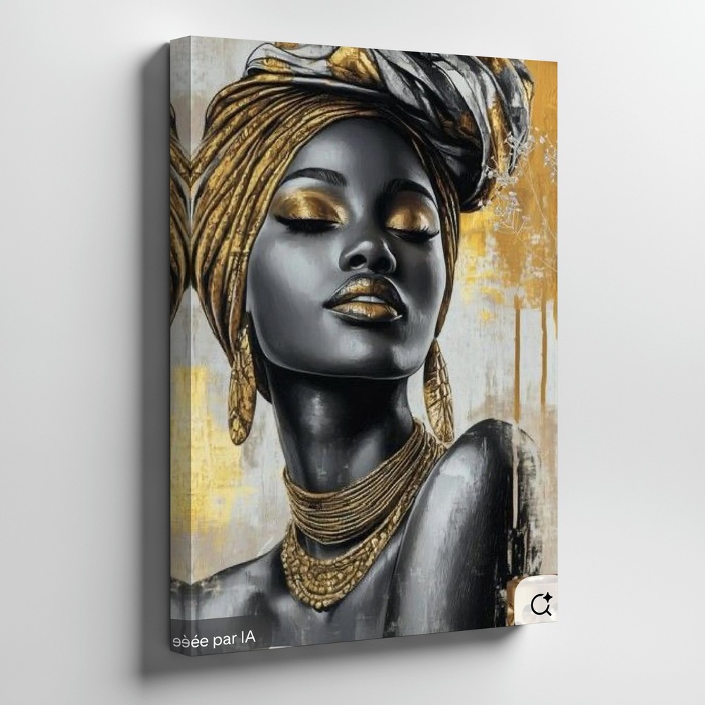 Elegant African Woman Wall Art Canvas Gold Accents Black Gray Modern Decor Print