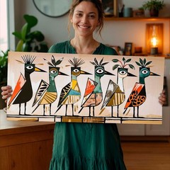 Mid Century Modern Birds on Wire Canvas Wall Art Large Framed Ready to Hang Art