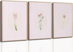 3 Pcs Pink Striped Floral Canvas Wall Art Minimalist Pink Flower Botanical Pa…