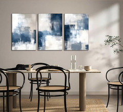 3 Pcs Navy Blue Abstract Canvas Wall Art Modern Minimalist Neutral Blue and Grey