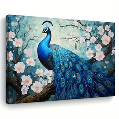 Canvas Art Framed Blue Peony Peacock Cherry Blossom Oil Painting Wall Decor