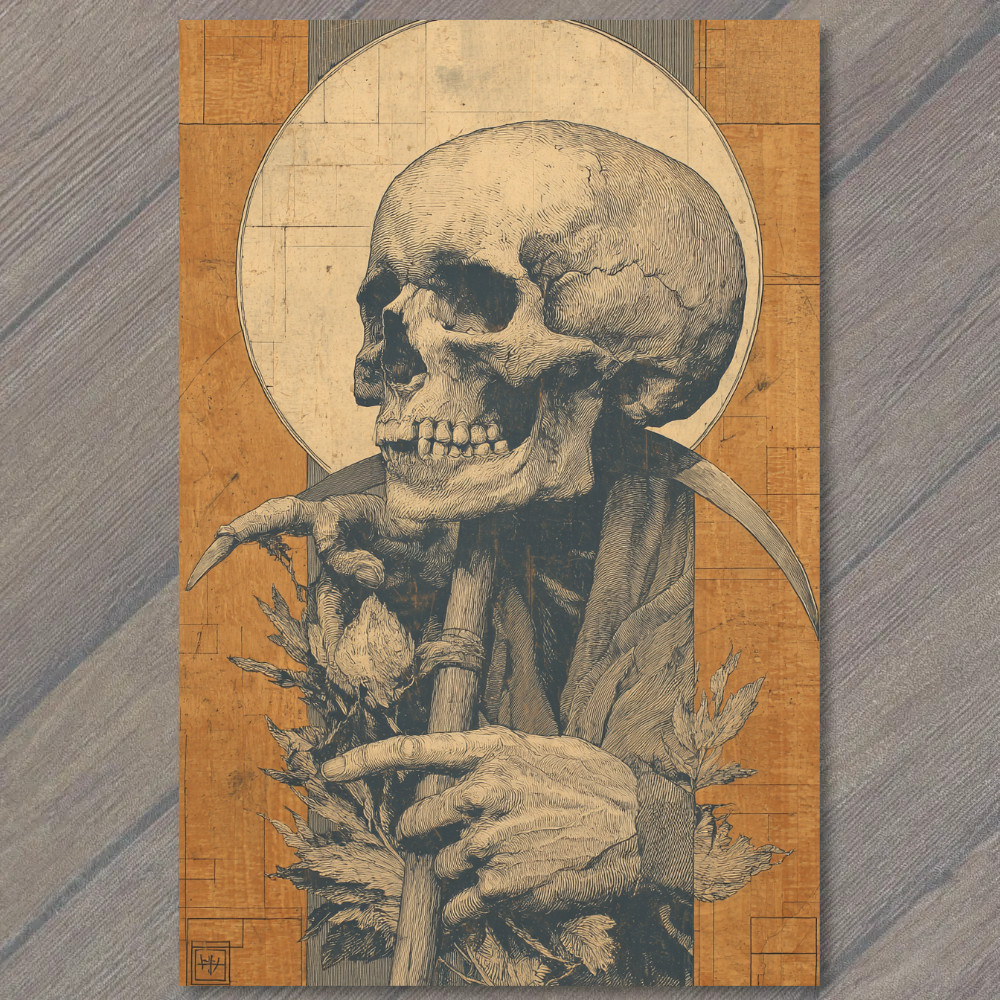 Art Print Skeleton Holding Scythe Skull Halo Botanical Gothic Illustration Style