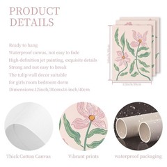 Pink Tulip Florals Canvas Wall Art Set Of 3,Boho Pink and Green Wall Decor Pi…