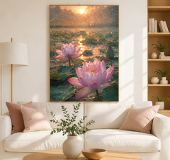 Pink Lotus Flowers at Sunrise Canvas Wall Art – Serene Nature Decor, Custom