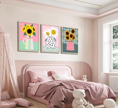 Colorful Sunflower Daisy Wall Art Prints Set of 3, Pink and Green Floral Vase…
