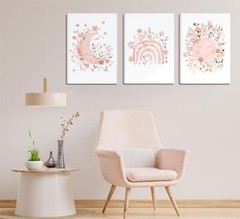 3Pcs Framed Pink Wildflower Wall Art Sun Moon Canvas Posters Prints Bohemia p…