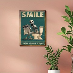 Canvas Art Skeleton On Toilet SMILE Humor Bathroom Vintage Wall Decor