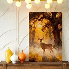 Wall Art Deer in Forest Golden Light Rustic Wildlife Landscape Painting Decor