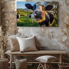 Close-up Of A Cheerful Black And White Dairy Cow Showcases Wall Art Canvas Print