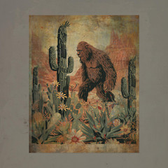 Vintage BIGFOOT Western Wall Art, Sasquatch Cactus Flower Poster, Cryptid Decor