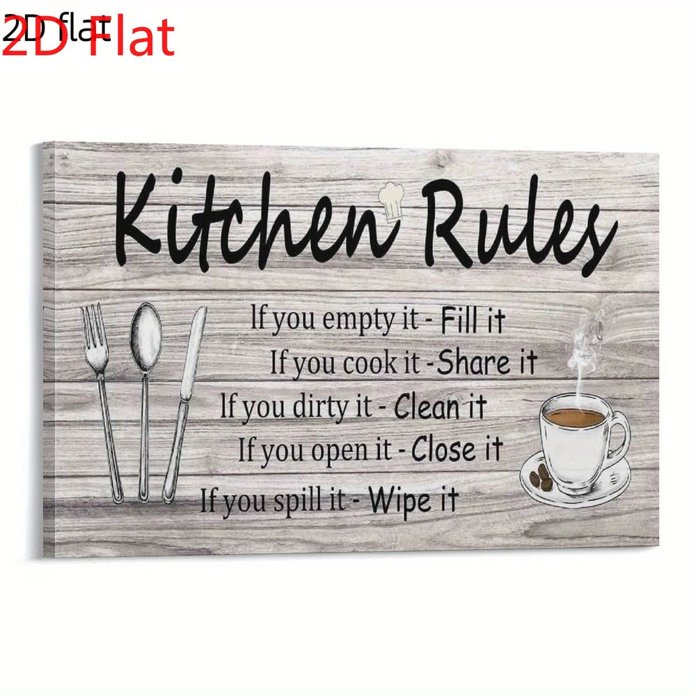 Kitchen Rules Wooden Sign Canvas Art, Rustic Coffee Farmhouse Kitchen Wall Decor