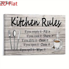 Kitchen Rules Wooden Sign Canvas Art, Rustic Coffee Farmhouse Kitchen Wall Decor