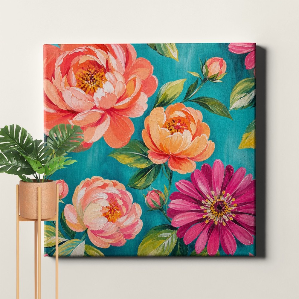 Abstract Floral Wall Art Teal Background Modern Botanical Painting