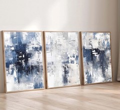 3 Pcs Navy Blue Abstract Canvas Wall Art Modern Minimalist Neutral White Blue…