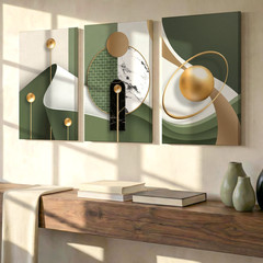 3 Pieces Modern Abstract Geometric Gold Green Large Wall Art Canvas Set Of 3